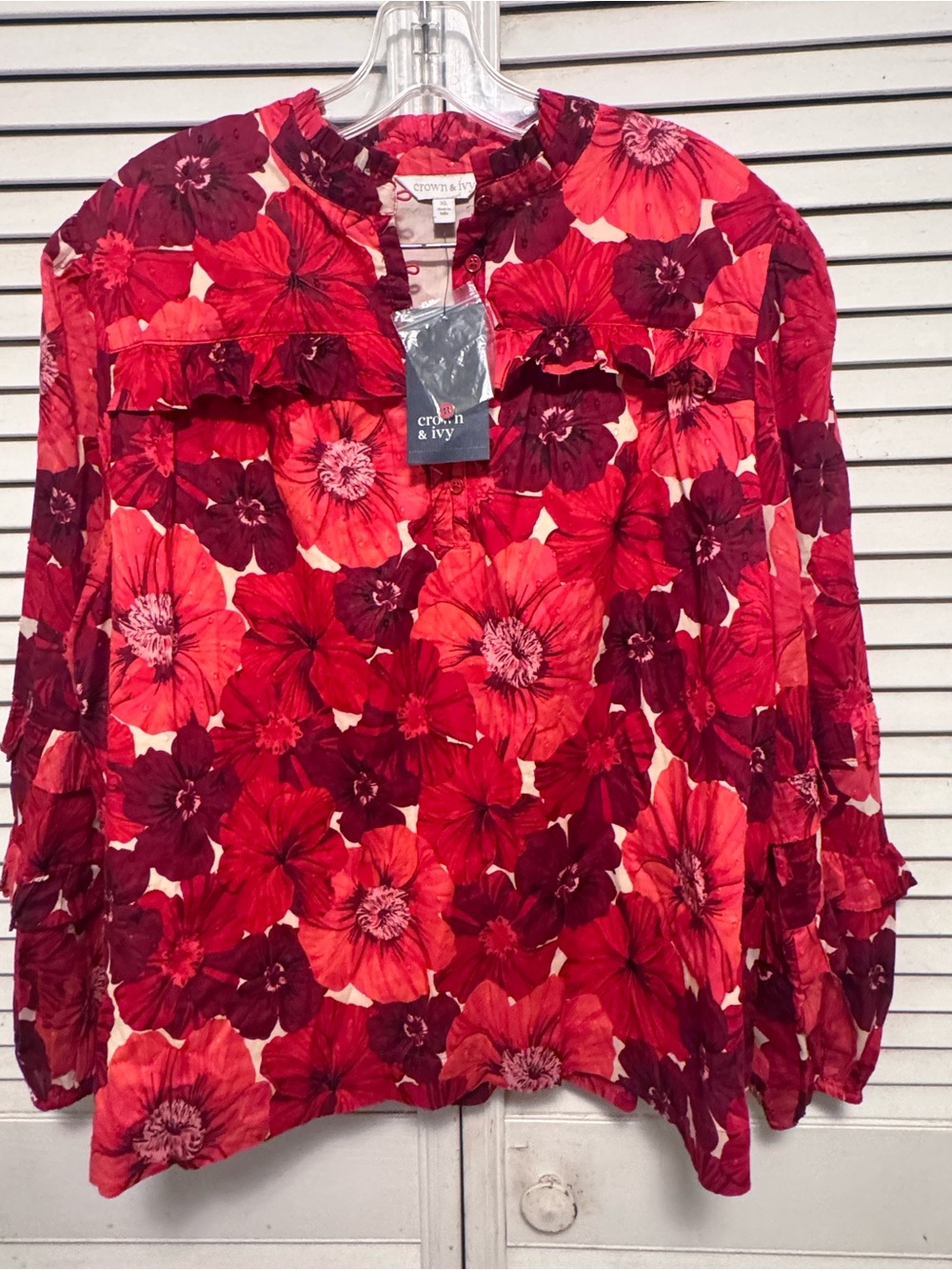 Crown & Ivy XL NWT Red Floral Ruffle Blouse Long Sleeve Lined Boho